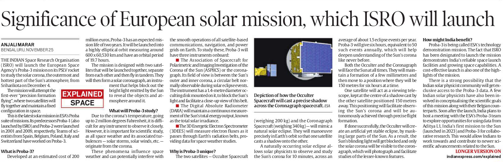 Proba-3: European Solar Mission | ISRO | UPSC | Source: The Indian Express